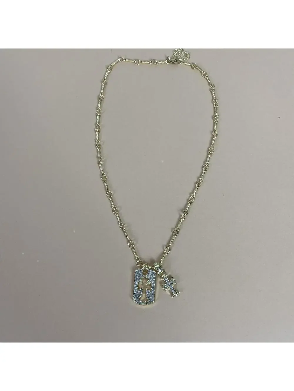 y2k 2000s style grunge gold chrome rhinestone cross dog tag style pendant